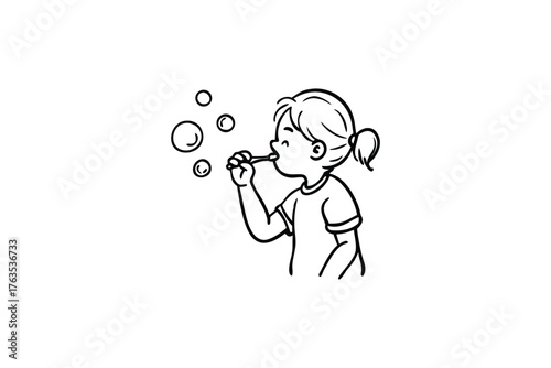 A young girl happily blowing bubbles in a simple black and white drawing