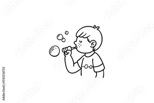 A simple line drawing depicts a young boy blowing soap bubbles happily