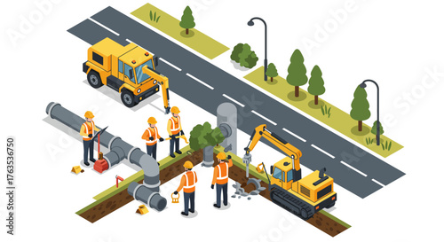 Isometric construction site with workers and machinery on a road repair project