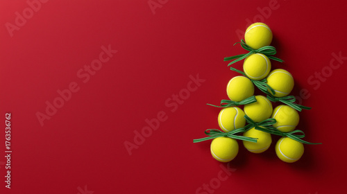 Tennis balls forming a festive christmas tree shape, tied with green ribbons on a vibrant red background with copy space, celebrating sports, holidays, and creative seasonal greetings