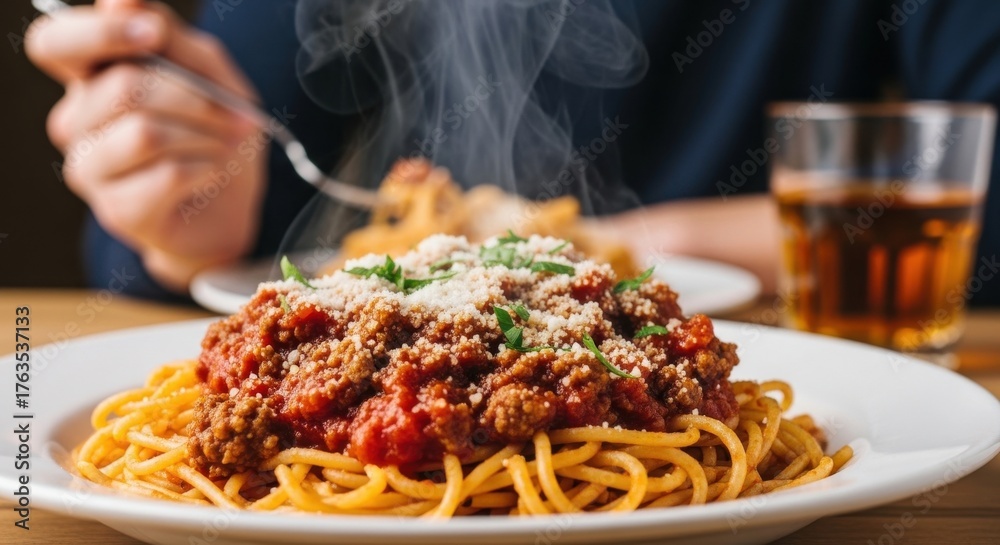 Fototapeta premium Delicious spaghetti with meat sauce served hot at a cozy restaurant setting