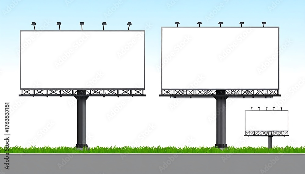Obraz premium An illustration of several blank billboards of varying sizes are depicted, installed over green grass, atop a gray road, and against a blue sky