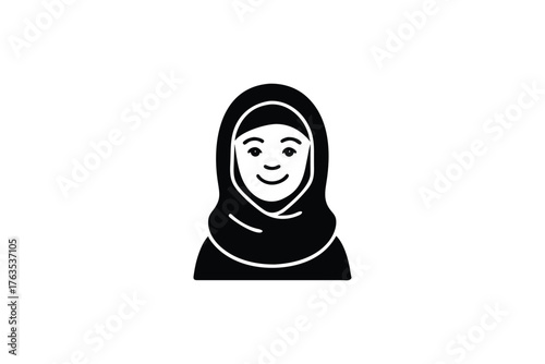 Simple black and white illustration of a woman wearing a hijab
