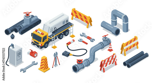 Isometric construction equipment and tools set for pipeline projects on white…