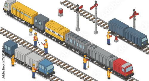 Isometric railway maintenance scene with workers and trains in detailed design