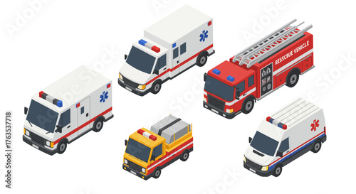 Isometric emergency vehicles collection featuring ambulance and rescue trucks