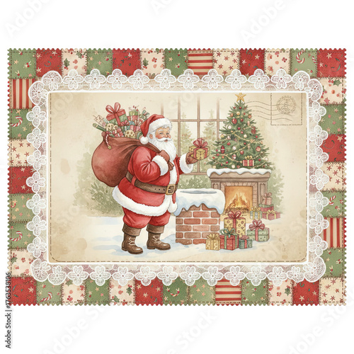 Santa Claus stands ready, gifts in hand, at a chimney, framed by a lace border. a heartwarming scene, celebrating the magic of the holiday season.