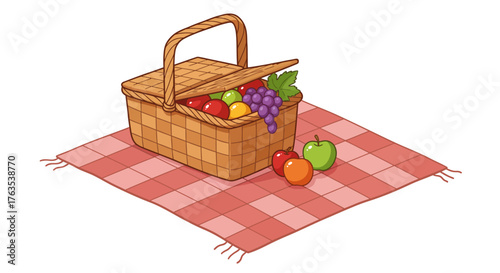 Picnic basket with fruits on checkered blanket in cartoon style