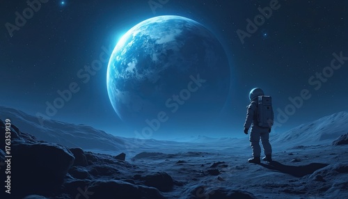 Astronaut stands on lunar surface gazing at bright blue Earth in starry deep space. Vast alien landscape unfolds under cosmic sky. Future exploration and solitude concept art. © Pete