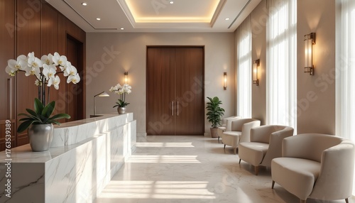 Modern reception area in a medical spa. Marble counter, orchids, and comfortable seating await guests. Large wooden doors and elegant lighting create a serene atmosphere, perfect for a luxury clinic.