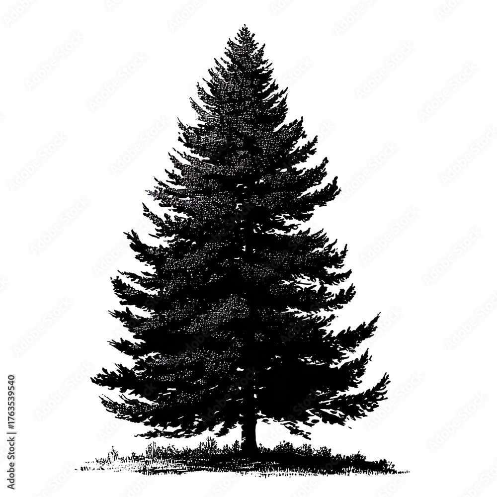 Obraz premium An evergreen tree is isolated against a black background, showing its silhouette and subtle details