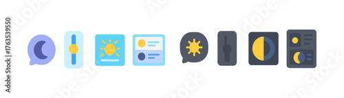 Weather, climate flat icon set. Sun, moon, temperature symbols flat collection