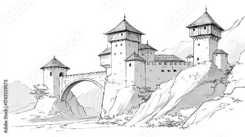 Ancient stone fortress perched on a rocky cliff connected by a stone bridge