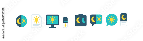 Weather, forecast flat icon set. Sun, moon, temperature, climate icons flat collection