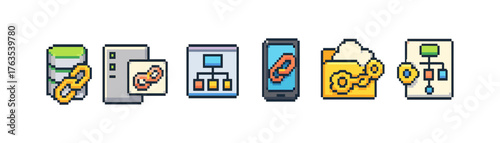 Blockchain technology pixel icon set. Cryptocurrency, blockchain, network 3d icons.