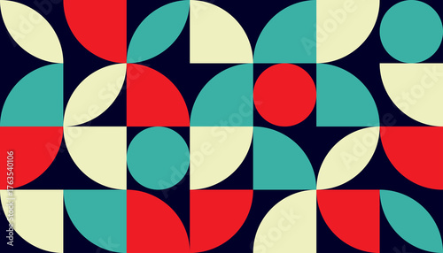 Colorful geometric pattern of circles and semicircles in red, teal, and cream on dark background, forming a balanced, symmetrical abstract design.
