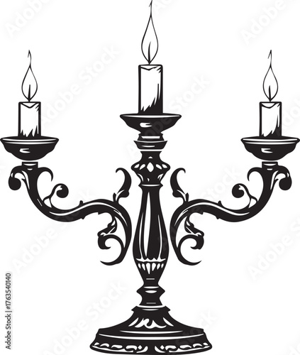 Black and white line art of ornate three-armed candelabrum with lit candles and decorative scrollwork base