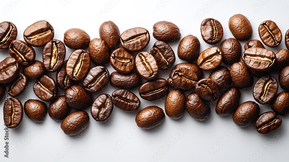 Fototapeta premium A collection of aromatic roasted brown coffee beans scattered on surface