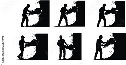 Silhouette vector illustration of construction worker cutting wall with circular saw, demolition, safety, renovation, repair, maintenance, power tool, and industry