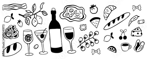 black and white hand-drawn food and wine doodle set: italian and mediterranean cuisine sketch icons