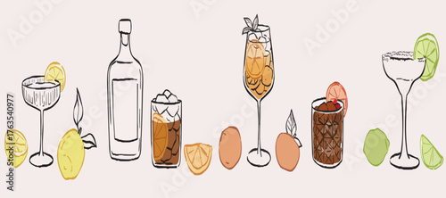 hand-drawn watercolor cocktail and liquor set: bar menu sketch with fruit garnishes and bottle illustration