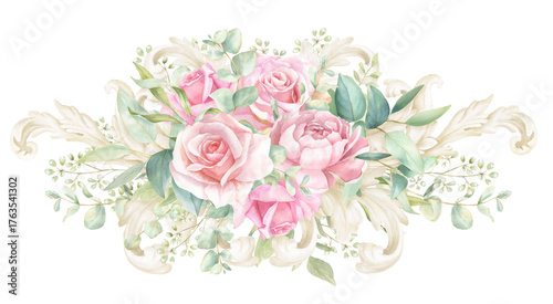 Rococo Watercolor Pink Rose Border, floral frame PNG, hand-painted Bouquet 