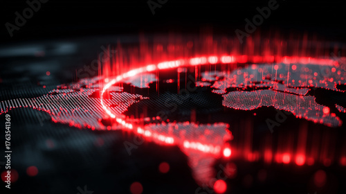 AI-generated image - Futuristic red digital world map showing global cyber attack and data breach visualization.