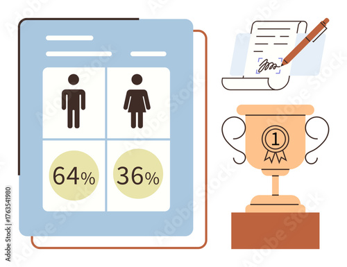 Data chart with gender stats, signed contract symbolizing agreement, and a trophy depicting success. Ideal for analytics, equality, contracts, success, achievement, recognition teamwork simple flat