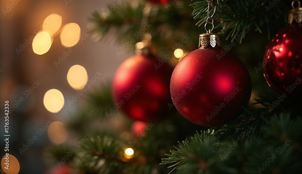 Fototapeta premium Close up of red Christmas balls on a Christmas tree with bokeh background
