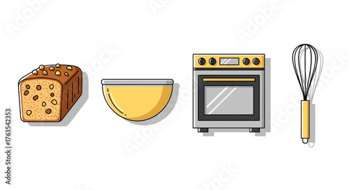 A set of four illustrated baking essentials featuring a loaf of bread, a mixing bowl, a modern oven, and a wire whisk on a white background