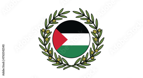 The flag of Palestine as a circular icon framed by an olive wreath, symbolizing national sovereignty and cultural heritage