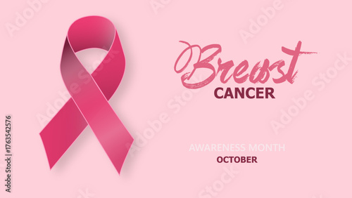 Realistic pink breast cancer ribbon vector illustration with a circle. Breast cancer awareness symbol. 3D design template with wording and a shaded glitter ribbon for an awareness month campaign banne