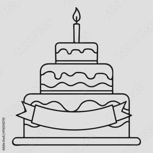 Three tiered birthday cake with banner isolated on white background drawing