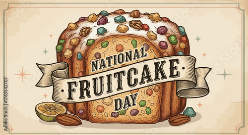 A festive, hand-drawn style illustration commemorating National Fruitcake Day, featuring a richly decorated fruitcake with a celebratory banner and assorted toppings