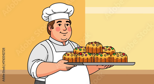 A smiling baker proudly presents a tray of freshly baked, colorful fruitcakes, ready for celebration