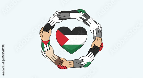 Unity for Palestine Hands United Around a Heart-Shaped Flag