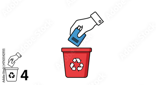 Recycling and waste management concept showing hand disposing of a battery into a trash can