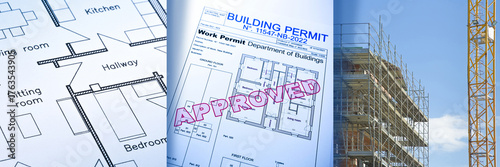 BUILDING WORKFLOW: BUILDING DESIGN, PROJECT APPROVAL WITH APPROVED PERMIT, AND MODERN CONSTRUCTION SITE WITH CRANE, SCAFFOLDING - Full process from planning to buildout