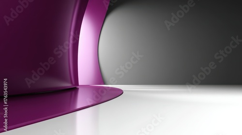 Modern Studio Space Elegant Purple Curve Dynamic Lighting on White Ground Sleek Grey Backdrop Abstract Design Visual Serenity