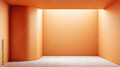Radiant Interior Space with Orange Walls Smooth Column and Herringbone Floor Creates a Warm Ambiance