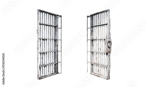 Two weathered, metallic jail cell doors stand open against a stark black background