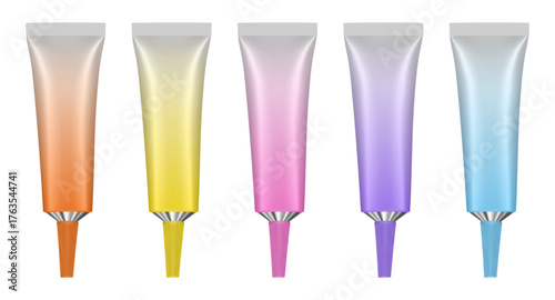 Set of metal tubes with long nozzle. Orange, yellow, pink, purple and blue tubes. Cosmetic packaging. Serum or ointment. Gel or cream. Pin point nozzle. Gradient shades