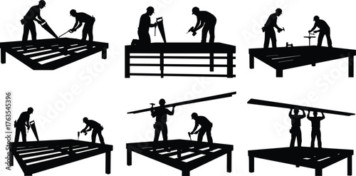 Silhouette vector illustration of construction workers building wooden platform with beams, planks, teamwork, carpentry, hammer, saw, repair, renovation, and industry