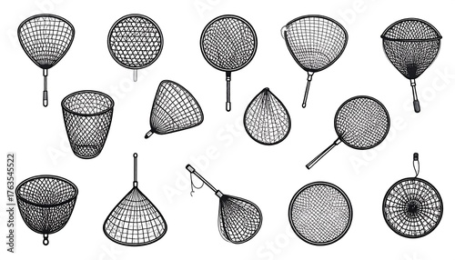 An illustration of various intricately designed fishing nets. Each net displays a distinct shape and handle style