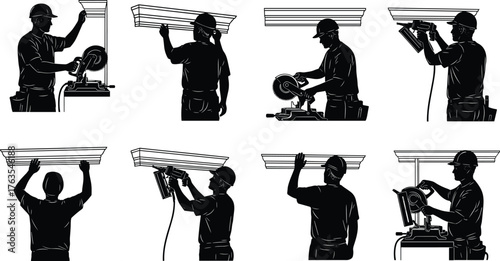 Silhouette vector illustration of construction workers cutting, measuring, and installing crown molding with miter saw, nail gun, carpentry, renovation, and repair