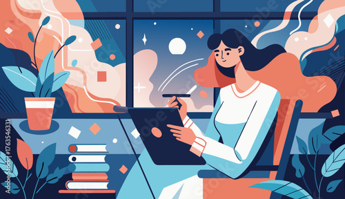 Illustration of a woman working on a digital tablet at night