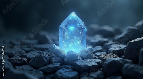 Fototapeta Naklejka Na Ścianę i Meble -  A 3D render of a glowing crystal or gemstone embedded in the cracks of a rock.