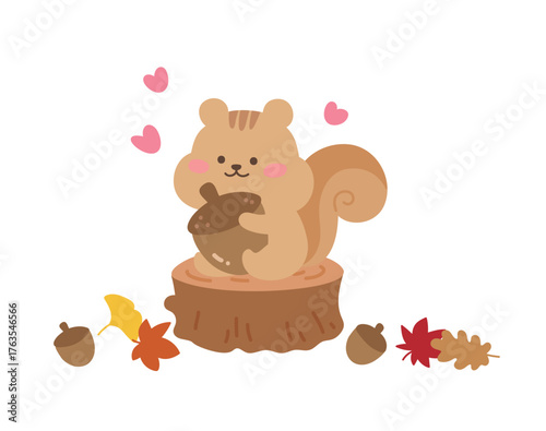 Illustration of a cute, smiling squirrel sitting on a tree stump and holding an acorn. Surrounded by autumn leaves and acorns, it's ideal for fall, forest, nature, storybook, and animal themes.