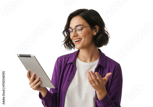 Woman in purple shirt looking at tablet smiling isolated on transparent background
