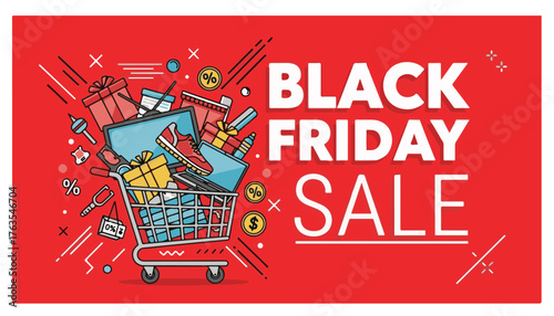 Black friday sale shopping cart full of gifts and discounts